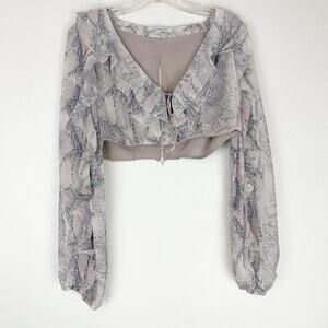 Olivaceous Crop Top Shirt Womens L Multicolor Snakeskin Sheer Peasant Sleeves